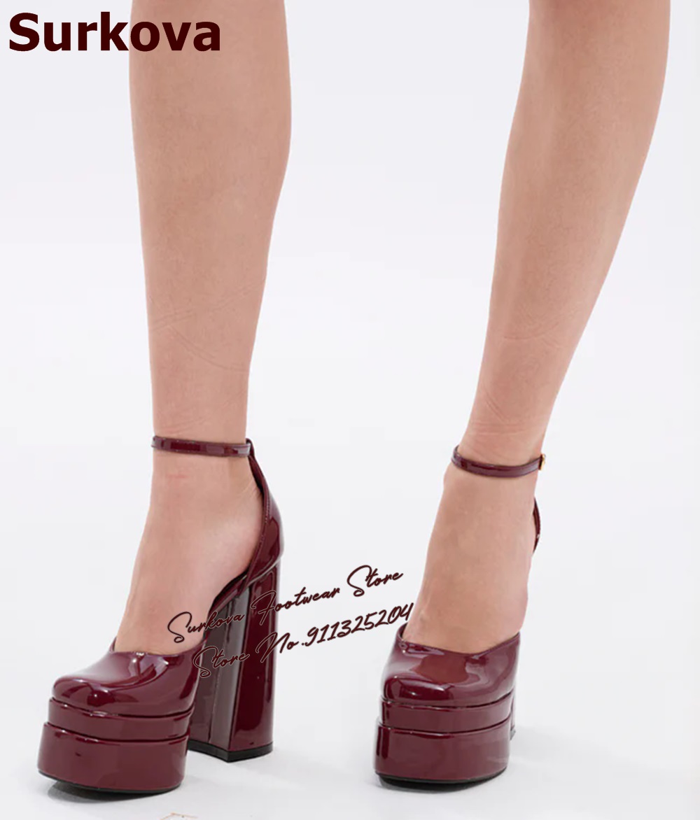 Women'S Shoes Burgundy - Surkova Burgundy สิทธิบัตรหนัง Chunky Heel ปั๊มแพลตฟอร์มสูงรองเท้าส้นสูง