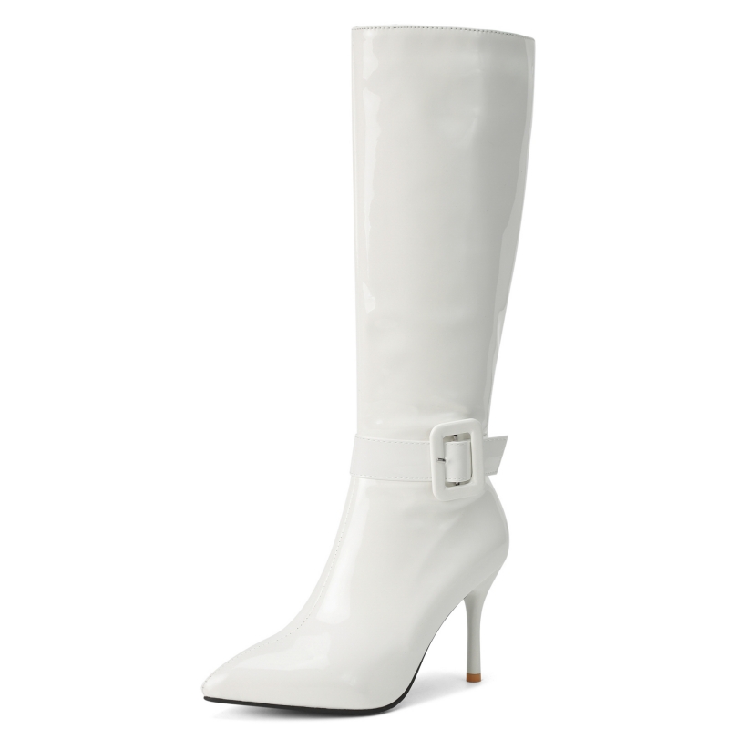 Women Shoes Size 7 - สีดําสีขาวเข่ารองเท้าบูทสูงสําหรับผู้หญิงเซ็กซี่ PU หนังฤดูหนาว Boot หญิงบางรองเท้าส้นสูงซิปรองเท้าขนาดใหญ่ขนาด 45