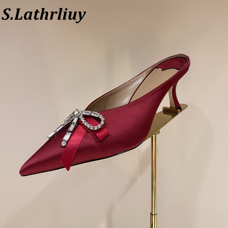 Women Shoes Size 7 - รองเท้าแตะ ส้นสูง ประดับคริสตัลเงา ผ้าซาติน สีพื้น รองเท้าแตะฤดูร้อน