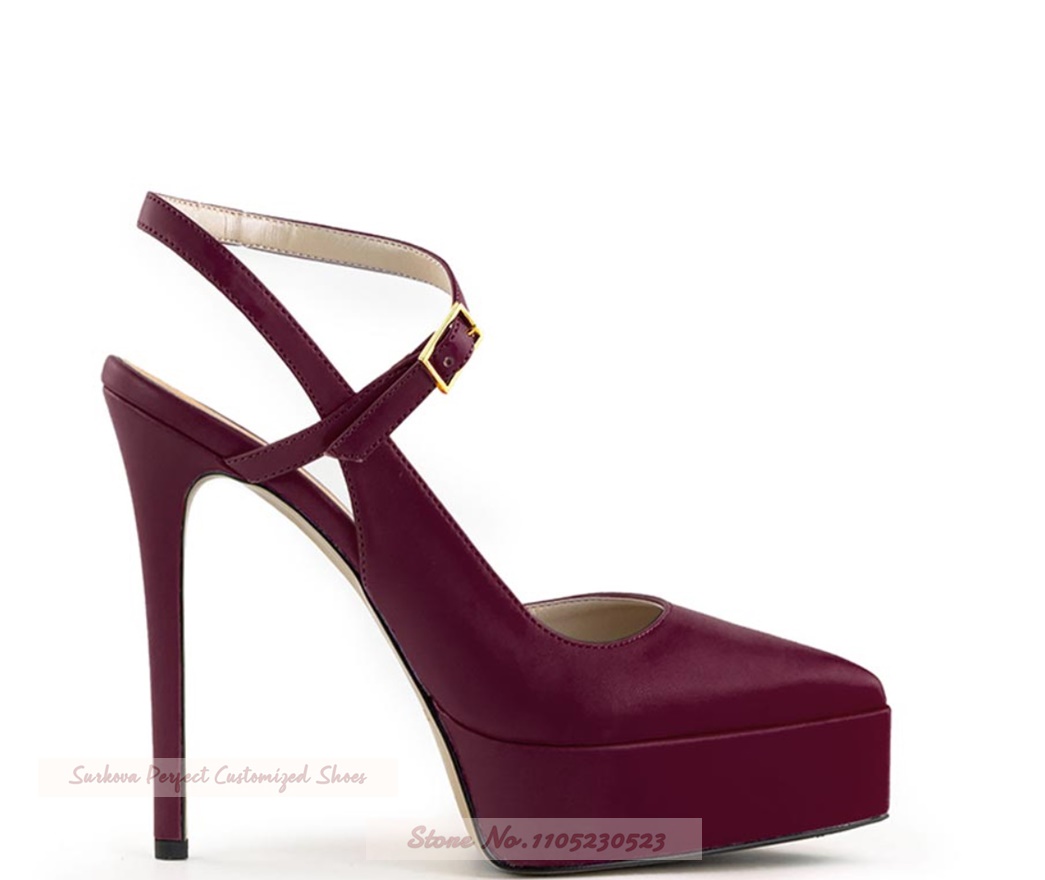 Women'S Shoes Burgundy - รองเท้าส้นสูงแบบแพลตฟอร์มปลายแหลมสีเบอร์กันดี สายรัดส้นแบบสลิงแบ็ค รองเท้าส้นเข็ม รองเท้าปั๊มส์สำหรับงานเลี้ยงสุดหรู