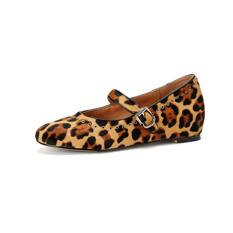 Women Shoes Mk - รองเท้าบัลเล่ต์ลายเสือดาว ขนม้า สำหรับฤดูใบไม้ผลิและฤดูใบไม้ร่วง หัวกลม ประดับหมุด แบบแมรี่เจนส์