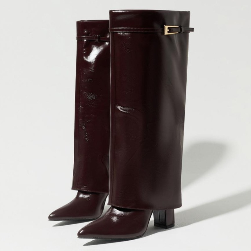 Women'S Shoes Burgundy - รองเท้าบูทส้นสูงทรงเรโทรสีเบอร์กันดีสำหรับผู้หญิง แฟชั่นหัวแหลม ตกแต่งหัวเข็มขัด ส้นหนา รองเท้าดีไซเนอร์แบรนด์หรู