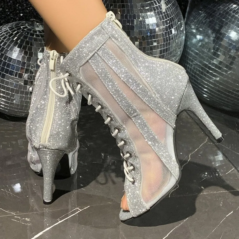 Women'S Shoes Plus Size - รองเท้าส้นสูงแบบเปิดหัวแหลมประดับเลื่อม ร้อยเชือก รูดซิปด้านข้าง กันลื่น แฟชั่นปี 2026