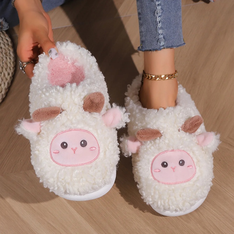 Women'S Shoes To Men'S - รองเท้าแตะรูปแกะน้อยน่ารักสำหรับฤดูหนาว เหมาะสำหรับผู้หญิงและผู้ชาย รองเท้าแตะขนแกะนุ่มสบายสำหรับใส่ในบ้าน รองเท้าแตะคู่รักแฟชั่น ปักลายสวยงาม รองเท้าแตะผ้าฝ้ายนุ่ม
