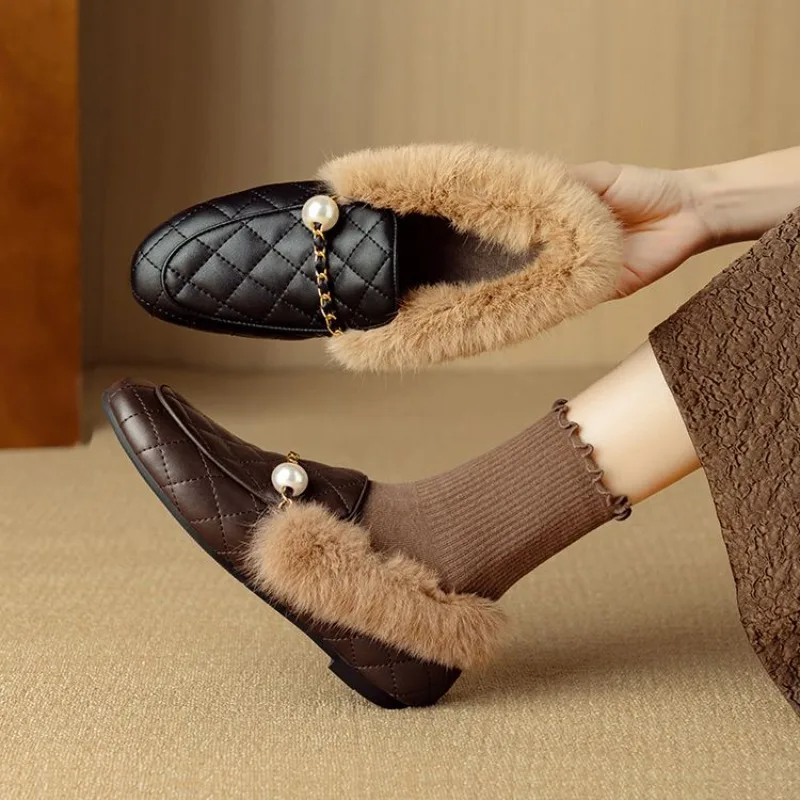 Women Shoes Mk - รองเท้าลำลองบุขนสัตว์สีดำน้ำตาลสำหรับฤดูใบไม้ร่วงและฤดูหนาวปี 2026 แฟชั่นทันสมัย สวมใส่สบาย ส้นเตี้ย ทำจากหนังวัวและผ้าฝ้าย