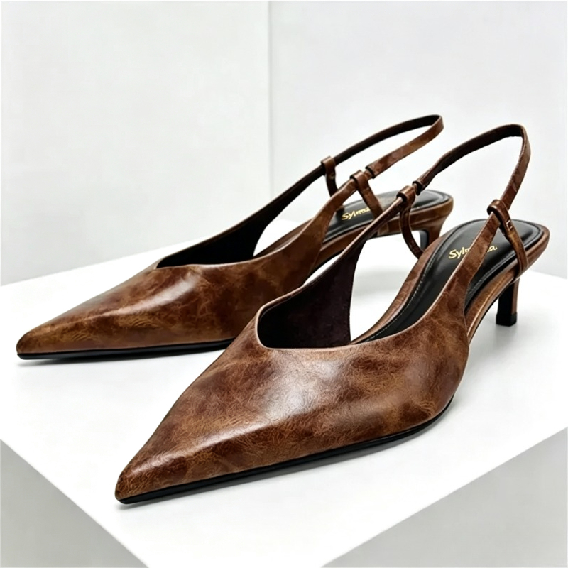 Women Shoes Brown Colour - รองเท้าส้นสูงแบบมีสายรัดส้น ดีไซน์เนอร์ สไตล์เรโทร สีน้ำตาล สำหรับผู้หญิง ปลายแหลม