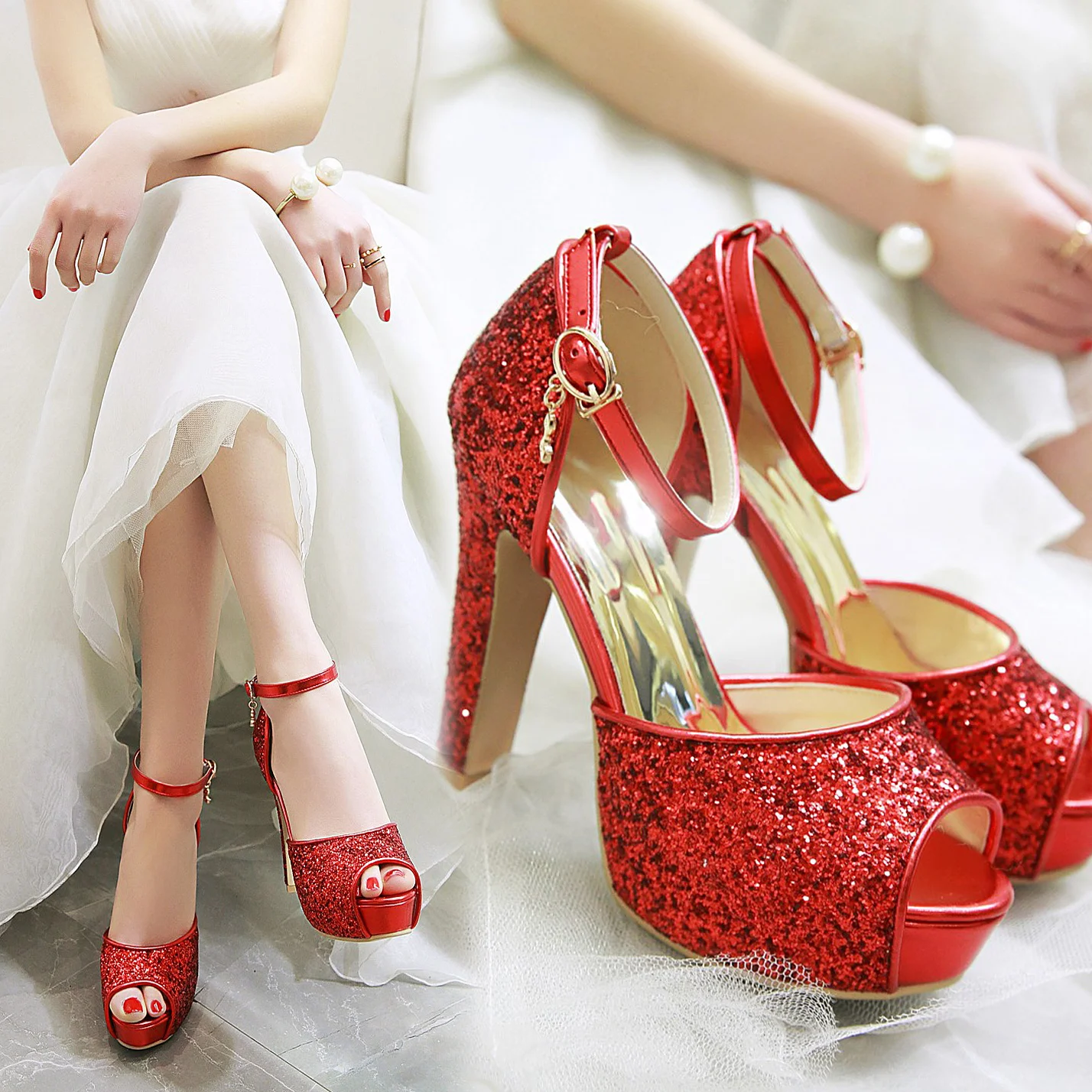 เงินฤดูร้อนผู้หญิงรองเท้าส้นสู - Peep Toe Heels บทวิจารณ์และราคา